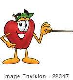 #22347 Clip Art Graphic Of A Red Apple Cartoon Character Holding A Pointer Stick