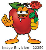 #22350 Clip Art Graphic Of A Red Apple Cartoon Character Holding A Red Rose On Valentines Day