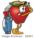 #22351 Clip Art Graphic Of A Red Apple Cartoon Character Swinging His Golf Club While Golfing