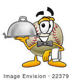 #22379 Clip Art Graphic Of A Baseball Cartoon Character Dressed As A Waiter And Holding A Serving Platter
