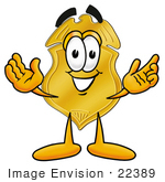 #22389 Clip Art Graphic Of A Gold Law Enforcement Police Badge Cartoon Character With Welcoming Open Arms