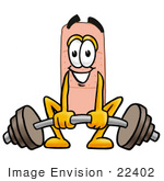 #22402 Clip Art Graphic Of A Bandaid Bandage Cartoon Character Lifting A Heavy Barbell