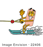 #22406 Clip Art Graphic Of A Bandaid Bandage Cartoon Character Waving While Water Skiing
