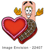 #22407 Clip Art Graphic Of A Bandaid Bandage Cartoon Character With An Open Box Of Valentines Day Chocolate Candies
