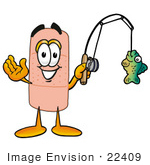 #22409 Clip Art Graphic Of A Bandaid Bandage Cartoon Character Holding A Fish On A Fishing Pole