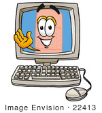 #22413 Clip Art Graphic Of A Bandaid Bandage Cartoon Character Waving From Inside A Computer Screen