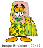 #22417 Clip Art Graphic Of A Bandaid Bandage Cartoon Character In Green And Yellow Snorkel Gear