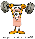 #22418 Clip Art Graphic Of A Bandaid Bandage Cartoon Character Holding A Heavy Barbell Above His Head
