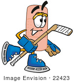 #22423 Clip Art Graphic Of A Bandaid Bandage Cartoon Character Playing Ice Hockey