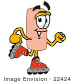 #22424 Clip Art Graphic Of A Bandaid Bandage Cartoon Character Roller Blading On Inline Skates