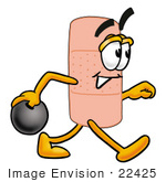 #22425 Clip Art Graphic Of A Bandaid Bandage Cartoon Character Holding A Bowling Ball