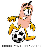 #22429 Clip Art Graphic Of A Bandaid Bandage Cartoon Character Kicking A Soccer Ball