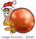 #22435 Clip Art Graphic Of A Bandaid Bandage Cartoon Character Wearing A Santa Hat Standing With A Christmas Bauble