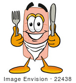 #22438 Clip Art Graphic Of A Bandaid Bandage Cartoon Character Holding A Knife And Fork