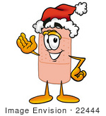 #22444 Clip Art Graphic Of A Bandaid Bandage Cartoon Character Wearing A Santa Hat And Waving