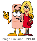 #22448 Clip Art Graphic Of A Bandaid Bandage Cartoon Character Talking To A Pretty Blond Woman