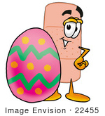 #22455 Clip Art Graphic Of A Bandaid Bandage Cartoon Character Standing Beside An Easter Egg