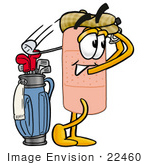 #22460 Clip Art Graphic Of A Bandaid Bandage Cartoon Character Swinging His Golf Club While Golfing