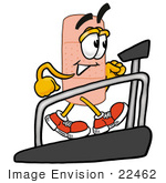 #22462 Clip Art Graphic Of A Bandaid Bandage Cartoon Character Walking On A Treadmill In A Fitness Gym