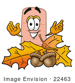 #22463 Clip Art Graphic Of A Bandaid Bandage Cartoon Character With Autumn Leaves And Acorns In The Fall
