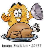 #22477 Clip Art Graphic Of A Gold Law Enforcement Police Badge Cartoon Character Serving A Thanksgiving Turkey On A Platter