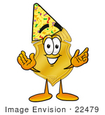 #22479 Clip Art Graphic Of A Gold Law Enforcement Police Badge Cartoon Character Wearing A Birthday Party Hat