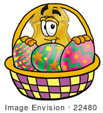 #22480 Clip Art Graphic Of A Gold Law Enforcement Police Badge Cartoon Character In An Easter Basket Full Of Decorated Easter Eggs