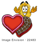 #22483 Clip Art Graphic Of A Gold Law Enforcement Police Badge Cartoon Character With An Open Box Of Valentines Day Chocolate Candies