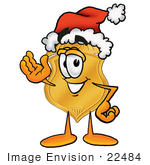 #22484 Clip Art Graphic Of A Gold Law Enforcement Police Badge Cartoon Character Wearing A Santa Hat And Waving