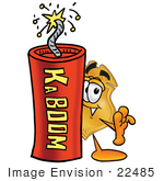 #22485 Clip Art Graphic Of A Gold Law Enforcement Police Badge Cartoon Character Standing With A Lit Stick Of Dynamite