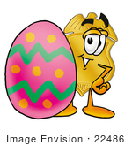 #22486 Clip Art Graphic Of A Gold Law Enforcement Police Badge Cartoon Character Standing Beside An Easter Egg