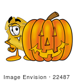#22487 Clip Art Graphic Of A Gold Law Enforcement Police Badge Cartoon Character With A Carved Halloween Pumpkin