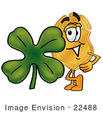 #22488 Clip Art Graphic Of A Gold Law Enforcement Police Badge Cartoon Character With A Green Four Leaf Clover On St Paddy’S Or St Patricks Day