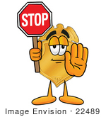 #22489 Clip Art Graphic Of A Gold Law Enforcement Police Badge Cartoon Character Holding A Stop Sign