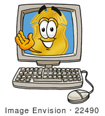 #22490 Clip Art Graphic Of A Gold Law Enforcement Police Badge Cartoon Character Waving From Inside A Computer Screen