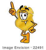 #22491 Clip Art Graphic Of A Gold Law Enforcement Police Badge Cartoon Character Pointing Upwards
