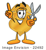 #22492 Clip Art Graphic Of A Gold Law Enforcement Police Badge Cartoon Character Holding A Pair Of Scissors