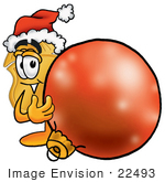 #22493 Clip Art Graphic Of A Gold Law Enforcement Police Badge Cartoon Character Wearing A Santa Hat Standing With A Christmas Bauble