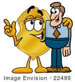 #22499 Clip Art Graphic Of A Gold Law Enforcement Police Badge Cartoon Character Talking To A Business Man