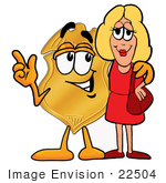 #22504 Clip Art Graphic Of A Gold Law Enforcement Police Badge Cartoon Character Talking To A Pretty Blond Woman