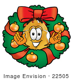 #22505 Clip Art Graphic Of A Gold Law Enforcement Police Badge Cartoon Character In The Center Of A Christmas Wreath