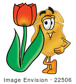 #22506 Clip Art Graphic Of A Gold Law Enforcement Police Badge Cartoon Character With A Red Tulip Flower In The Spring
