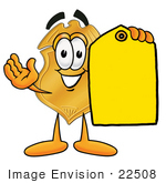 #22508 Clip Art Graphic Of A Gold Law Enforcement Police Badge Cartoon Character Holding A Yellow Sales Price Tag