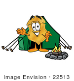 #22513 Clip Art Graphic Of A Gold Law Enforcement Police Badge Cartoon Character Camping With A Tent And Fire