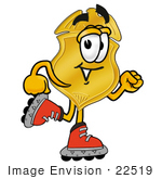 #22519 Clip Art Graphic Of A Gold Law Enforcement Police Badge Cartoon Character Roller Blading On Inline Skates