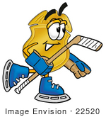 #22520 Clip Art Graphic Of A Gold Law Enforcement Police Badge Cartoon Character Playing Ice Hockey