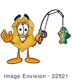 #22521 Clip Art Graphic Of A Gold Law Enforcement Police Badge Cartoon Character Holding A Fish On A Fishing Pole