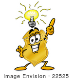 #22525 Clip Art Graphic Of A Gold Law Enforcement Police Badge Cartoon Character With A Bright Idea