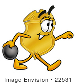 #22531 Clip Art Graphic Of A Gold Law Enforcement Police Badge Cartoon Character Holding A Bowling Ball