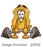 #22532 Clip Art Graphic Of A Gold Law Enforcement Police Badge Cartoon Character Lifting A Heavy Barbell